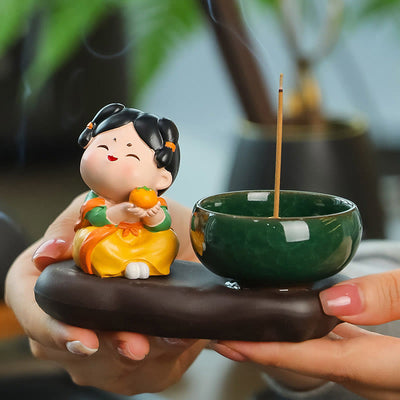 Buddha Stones Tang Dynasty Lady Food Healing Ceramic Incense Burner Desk Decoration Incense Burner BS Tang Dynasty Lady Orange 9*12.5*5.5cm