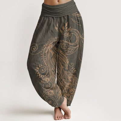 Buddha Stones Casual Peacock Design Women's Elastic Waist Harem Pants Women's Harem Pants BS DimGray US22，UK/AU26，EU54 (6XL)