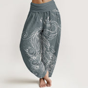 Buddha Stones Casual Peacock Design Women's Elastic Waist Harem Pants Women's Harem Pants BS SlateGray US22，UK/AU26，EU54 (6XL)