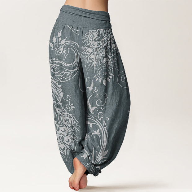 Buddha Stones Casual Peacock Design Women's Elastic Waist Harem Pants Women's Harem Pants BS 5