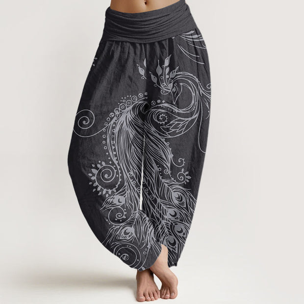 Buddha Stones Casual Peacock Design Women's Elastic Waist Harem Pants Women's Harem Pants BS Black US22，UK/AU26，EU54 (6XL)