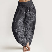 Buddha Stones Casual Peacock Design Women's Elastic Waist Harem Pants - Black - US22，UK/AU26，EU54 (6XL) - image 8