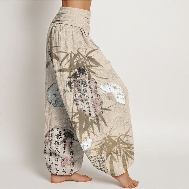 Buddha Stones Casual Calligraphy Bamboo Fan Women's Elastic Waist Harem Pants Women's Harem Pants BS 2