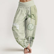 Buddha Stones Casual Calligraphy Bamboo Fan Women's Elastic Waist Harem Pants