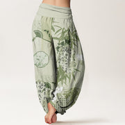 Buddha Stones Casual Calligraphy Bamboo Fan Women's Elastic Waist Harem Pants Women's Harem Pants BS 5