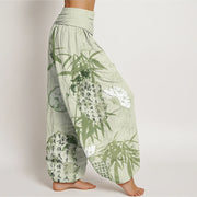 Buddha Stones Casual Calligraphy Bamboo Fan Women's Elastic Waist Harem Pants