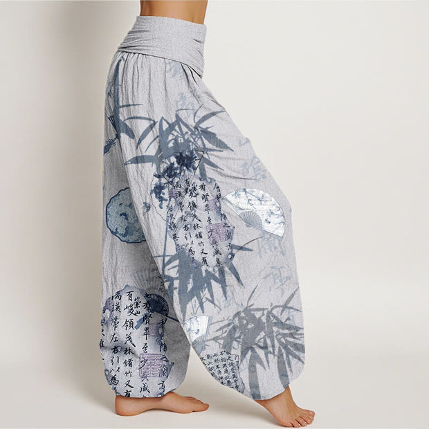 Buddha Stones Casual Calligraphy Bamboo Fan Women's Elastic Waist Harem Pants Women's Harem Pants BS 9