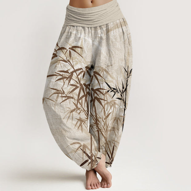 Buddha Stones Casual Bamboo Leaves Women's Elastic Waist Harem Pants Women's Harem Pants BS Wheat US22，UK/AU26，EU54 (6XL)