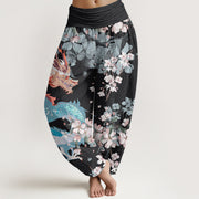 Buddha Stones Casual Dragon Cherry Blossoms Women's Elastic Waist Harem Pants