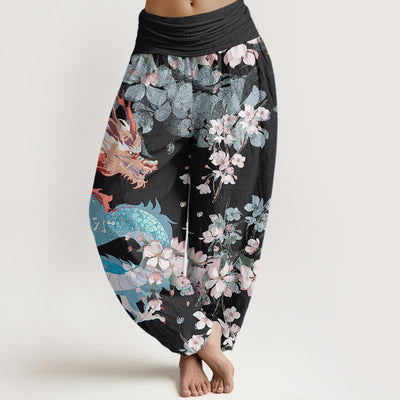 Buddha Stones Casual Dragon Cherry Blossoms Women's Elastic Waist Harem Pants Women's Harem Pants BS Black US22，UK/AU26，EU54 (6XL)