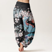 Buddha Stones Casual Dragon Cherry Blossoms Women's Elastic Waist Harem Pants Women's Harem Pants BS 1