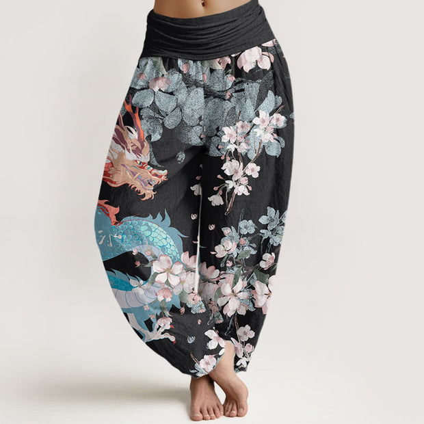 Buddha Stones Casual Dragon Cherry Blossoms Women's Elastic Waist Harem Pants