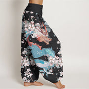 Buddha Stones Casual Dragon Cherry Blossoms Women's Elastic Waist Harem Pants Women's Harem Pants BS 2