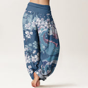 Buddha Stones Casual Dragon Cherry Blossoms Women's Elastic Waist Harem Pants Women's Harem Pants BS 5