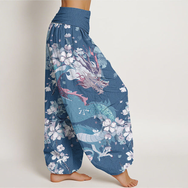 Buddha Stones Casual Dragon Cherry Blossoms Women's Elastic Waist Harem Pants Women's Harem Pants BS 6