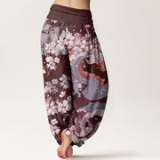 Buddha Stones Casual Dragon Cherry Blossoms Women's Elastic Waist Harem Pants Women's Harem Pants BS 8