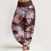 Buddha Stones Casual Dragon Cherry Blossoms Women's Elastic Waist Harem Pants