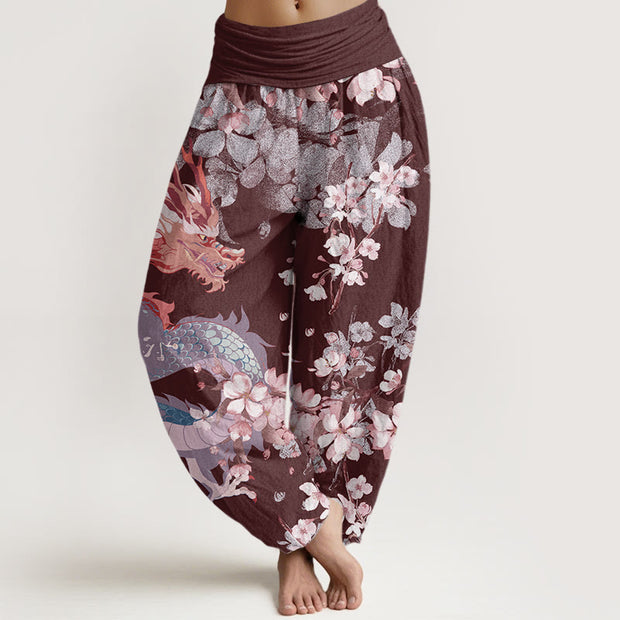 Buddha Stones Casual Dragon Cherry Blossoms Women's Elastic Waist Harem Pants Women's Harem Pants BS Maroon US22，UK/AU26，EU54 (6XL)