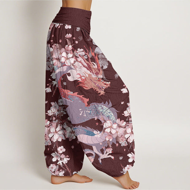 Buddha Stones Casual Dragon Cherry Blossoms Women's Elastic Waist Harem Pants Women's Harem Pants BS 9