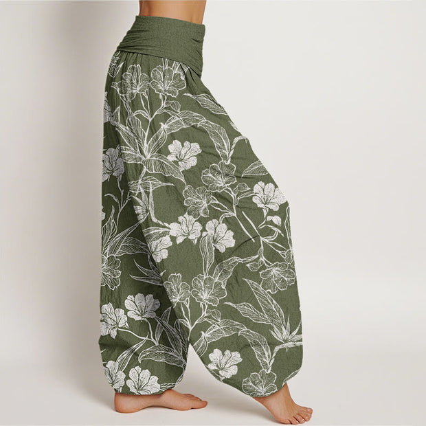 Buddha Stones Casual Plum Blossom Leaves Women's Elastic Waist Harem Pants Women's Harem Pants BS 2