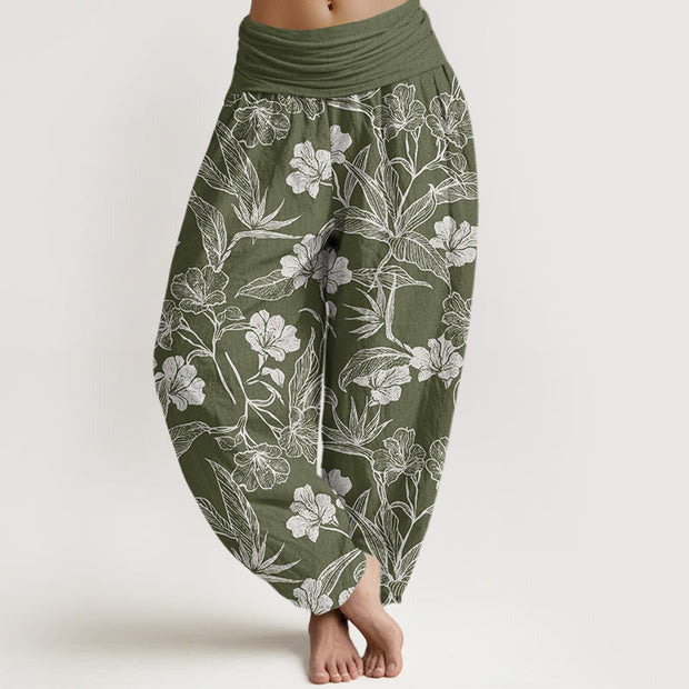 Buddha Stones Casual Plum Blossom Leaves Women's Elastic Waist Harem Pants Women's Harem Pants BS DarkOliveGreen US22，UK/AU26，EU54 (6XL)