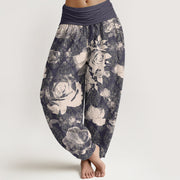 Buddha Stones Casual White Roses Women's Elastic Waist Harem Pants Women's Harem Pants BS DimGray US22，UK/AU26，EU54 (6XL)