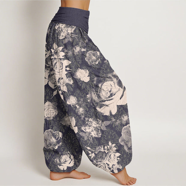 Buddha Stones Casual White Roses Women's Elastic Waist Harem Pants Women's Harem Pants BS 2