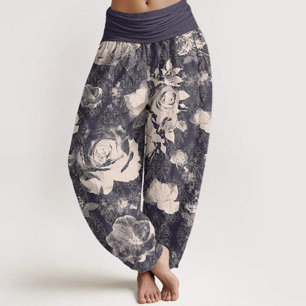 Buddha Stones Casual White Roses Women's Elastic Waist Harem Pants Women's Harem Pants BS DimGray US22，UK/AU26，EU54 (6XL)