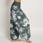 Buddha Stones Casual White Roses Women's Elastic Waist Harem Pants