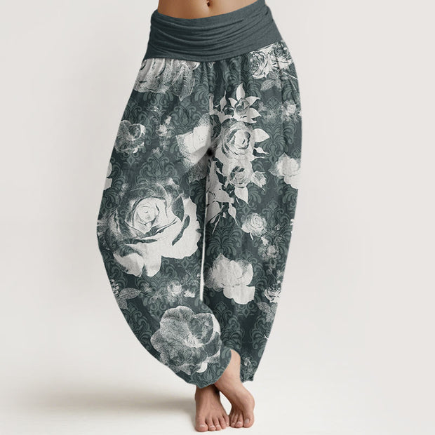 Buddha Stones Casual White Roses Women's Elastic Waist Harem Pants Women's Harem Pants BS Teal US22，UK/AU26，EU54 (6XL)