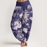 Buddha Stones Casual White Roses Women's Elastic Waist Harem Pants