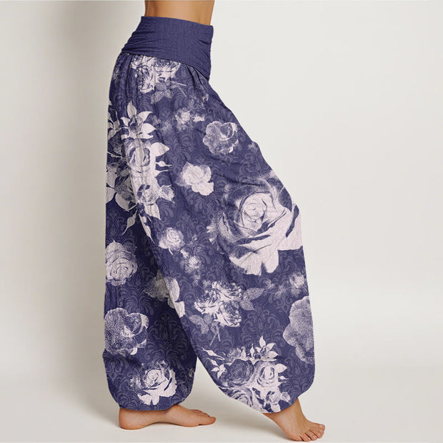 Buddha Stones Casual White Roses Women's Elastic Waist Harem Pants Women's Harem Pants BS 9