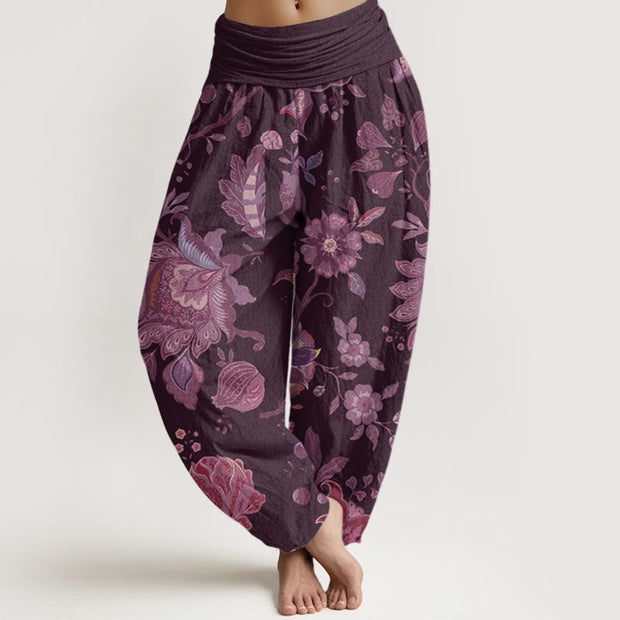 Buddha Stones Casual Peony Women's Elastic Waist Harem Pants Women's Harem Pants BS Purple US22，UK/AU26，EU54 (6XL)