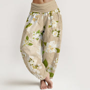 Buddha Stones Casual White Magnolia Flowers Leaves Women's Elastic Waist Harem Pants