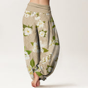 Buddha Stones Casual White Magnolia Flowers Leaves Women's Elastic Waist Harem Pants Women's Harem Pants BS 1