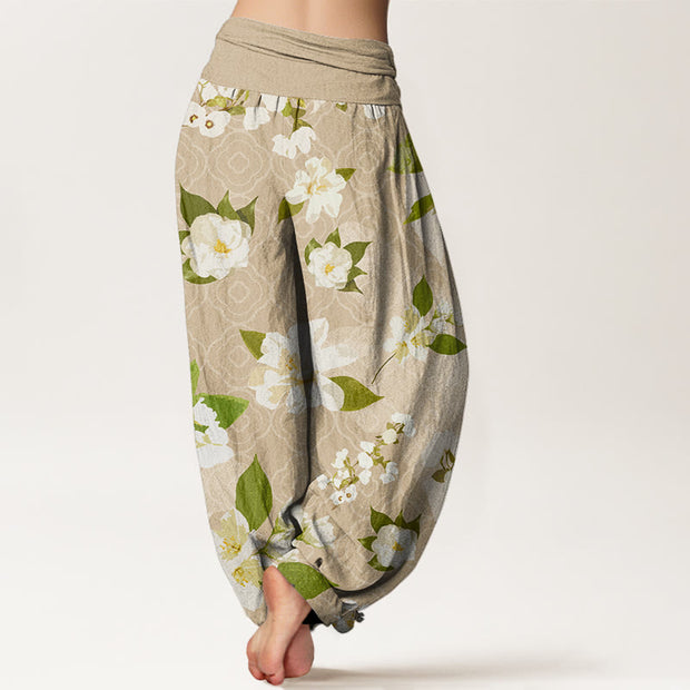 Buddha Stones Casual White Magnolia Flowers Leaves Women's Elastic Waist Harem Pants