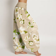 Buddha Stones Casual White Magnolia Flowers Leaves Women's Elastic Waist Harem Pants