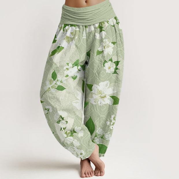 Buddha Stones Casual White Magnolia Flowers Leaves Women's Elastic Waist Harem Pants Women's Harem Pants BS DarkSeaGreen US22，UK/AU26，EU54 (6XL)