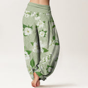 Buddha Stones Casual White Magnolia Flowers Leaves Women's Elastic Waist Harem Pants Women's Harem Pants BS 8