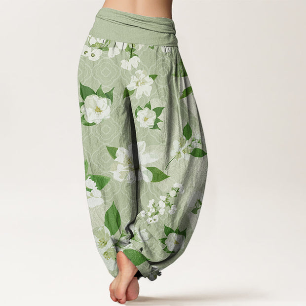 Buddha Stones Casual White Magnolia Flowers Leaves Women's Elastic Waist Harem Pants Women's Harem Pants BS 8