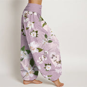 Buddha Stones Casual White Magnolia Flowers Leaves Women's Elastic Waist Harem Pants