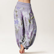 Buddha Stones Casual Lavender Flowers Lilies Women's Elastic Waist Harem Pants Women's Harem Pants BS 1