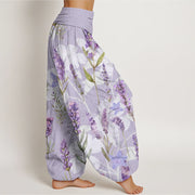 Buddha Stones Casual Lavender Flowers Lilies Women's Elastic Waist Harem Pants Women's Harem Pants BS 2