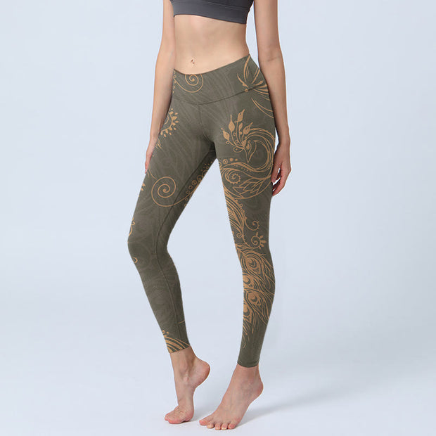 Buddha Stones Peacock Feather Print Gym Leggings Women's Yoga Pants Leggings BS DarkOliveGreen US18，UK/AU22，EU50 (4XL)