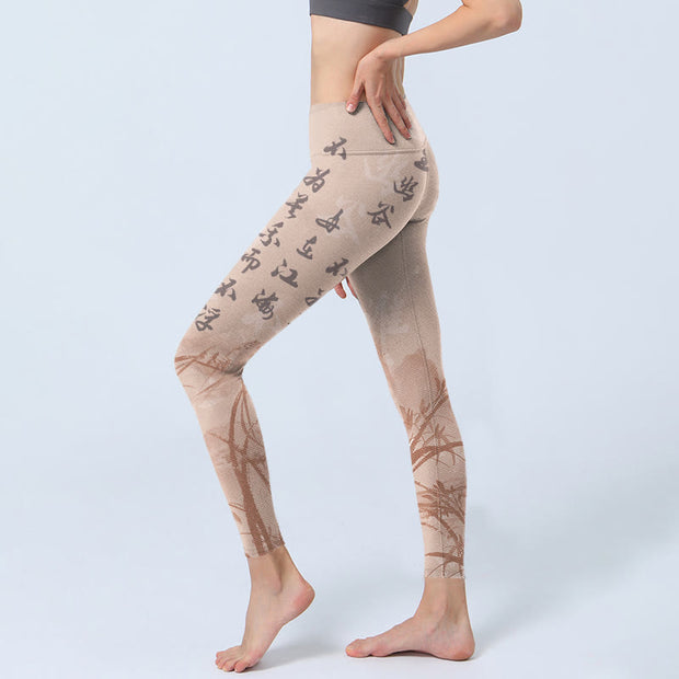 Buddha Stones Calligraphy Orchid Print Gym Leggings Women's Yoga Pants