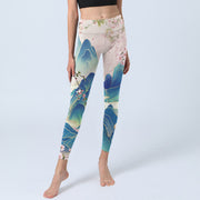 Buddha Stones Plum Blossoms Mountains Print Gym Leggings Women's Yoga Pants Leggings BS 5