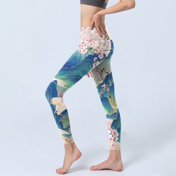 Buddha Stones Plum Blossoms Mountains Print Gym Leggings Women's Yoga Pants Leggings BS 2