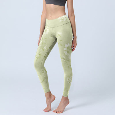 Buddha Stones White Plum Blossoms Print Gym Leggings Women's Yoga Pants - PaleGoldenrod - US18，UK/AU22，EU50 (4XL) - image 1