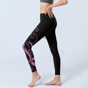 Buddha Stones Black Pink Lotus Flower Print Gym Leggings Women's Yoga Pants Leggings BS 2