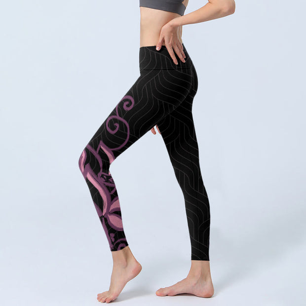 Buddha Stones Black Pink Lotus Flower Print Gym Leggings Women's Yoga Pants - image 3